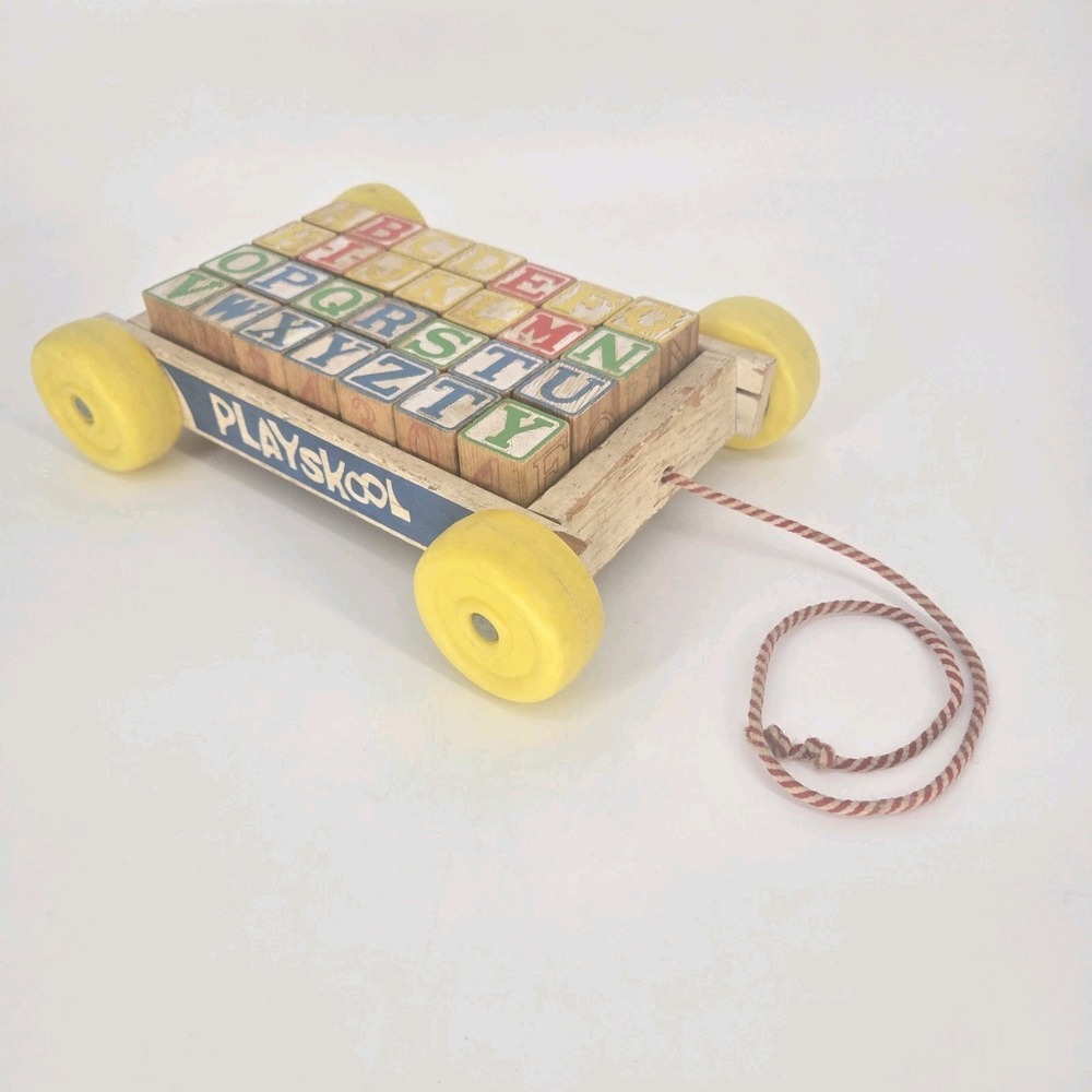 Vintage Wood Alphabet Blocks Pull Toy Wagon Yellow Wheels Preschool Learning